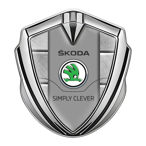 Skoda 3d Emblem Badge Silver Stone Texture Classic Slogan Edition