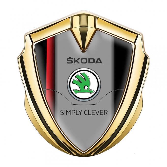 Skoda Metal Domed Emblem Gold Crimson Stripe Classic Green Logo