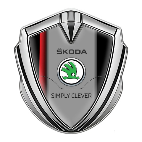 Skoda Metal Domed Emblem Silver Crimson Stripe Classic Green Logo