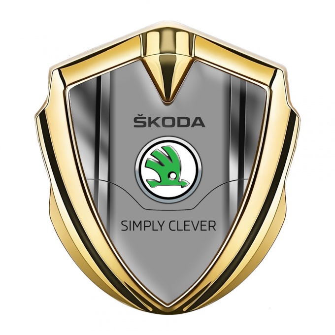Skoda Badge Self Adhesive Gold Metal Frame Classic Green Logo