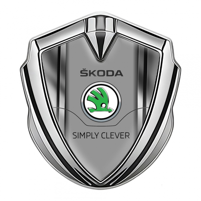 Skoda Badge Self Adhesive Silver Metal Frame Classic Green Logo