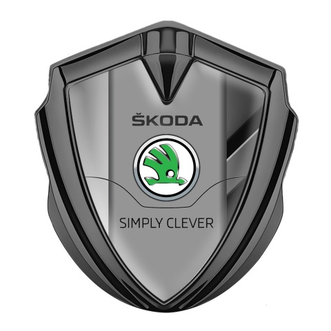 Skoda Emblem Badge Self Adhesive Graphite Polished Steel Classic Green Logo
