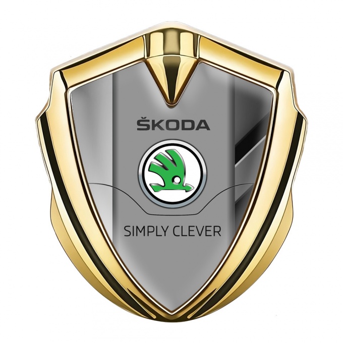 Skoda Emblem Badge Self Adhesive Gold Polished Steel Classic Green Logo