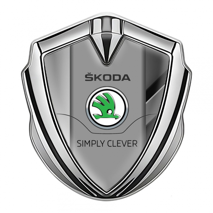 Skoda Emblem Badge Self Adhesive Silver Polished Steel Classic Green Logo