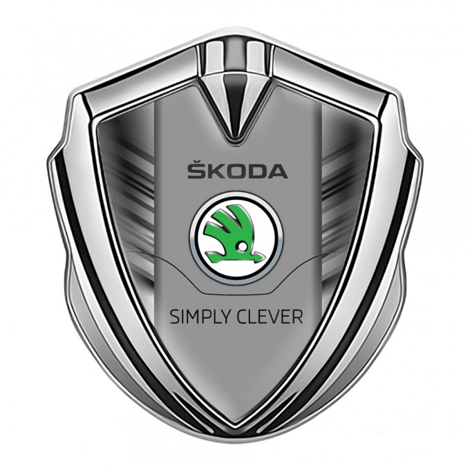 Skoda Metal Emblem Badge Silver Grey Strokes Classic Green Logo