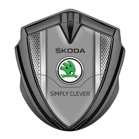 Skoda Bodyside Domed Emblem Graphite Metal Grate Frame Green Logo