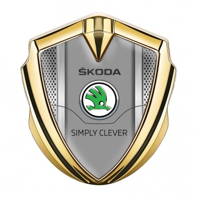 Skoda Bodyside Domed Emblem Gold Metal Grate Frame Green Logo