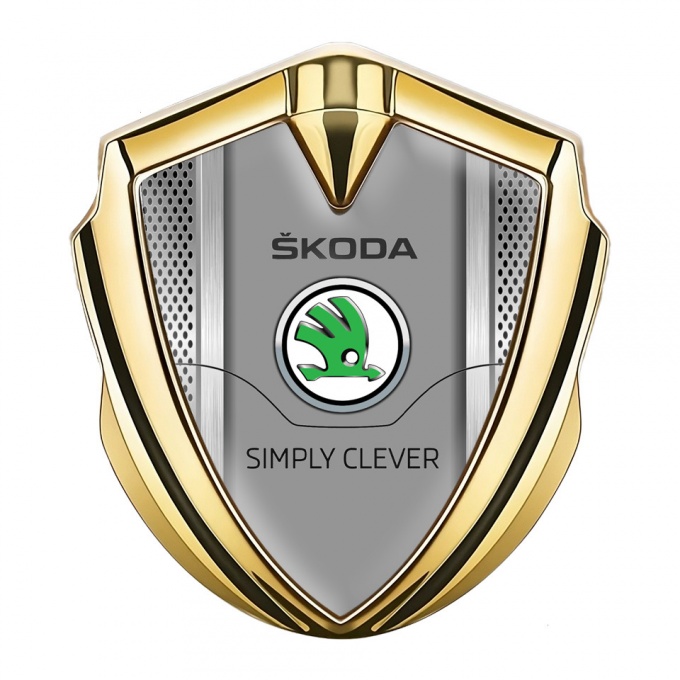Skoda Bodyside Domed Emblem Gold Metal Grate Frame Green Logo
