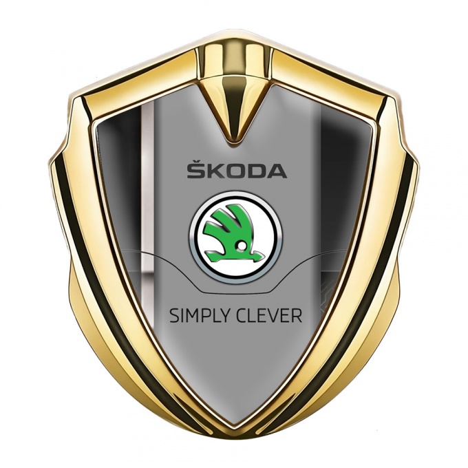 Skoda Emblem Metal Badge Gold Sport Stripe Green Classic Logo