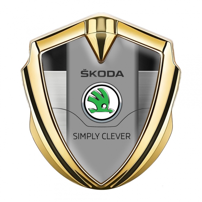 Skoda 3d Emblem Badge Gold Brushed Panel Green Classic Logo