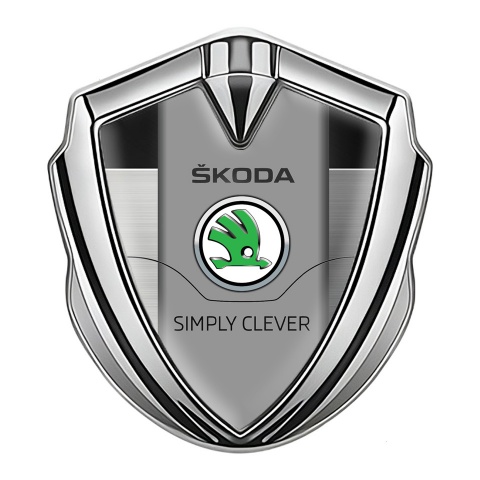 Skoda 3d Emblem Badge Silver Brushed Panel Green Classic Logo