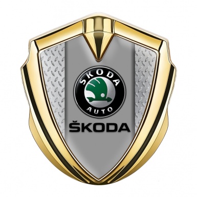 Skoda Metal Domed Emblem Gold Treadplate Frame Black Classic Logo