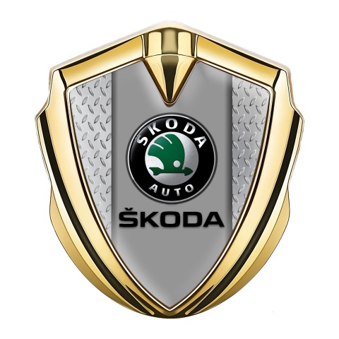 Skoda Metal Domed Emblem Gold Treadplate Frame Black Classic Logo