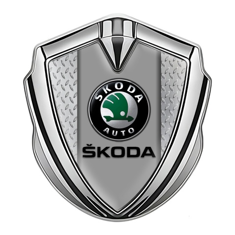 Skoda Metal Domed Emblem Silver Treadplate Frame Black Classic Logo