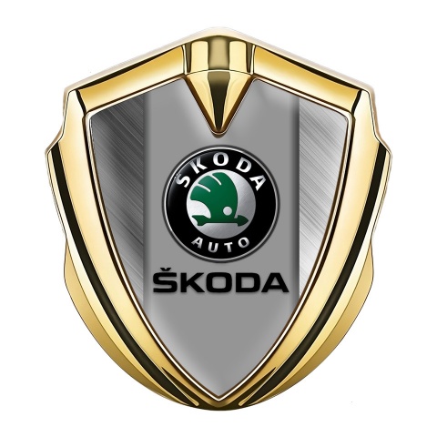 Skoda Fender Emblem Badge Gold Brushed Aluminum Black Classic Logo