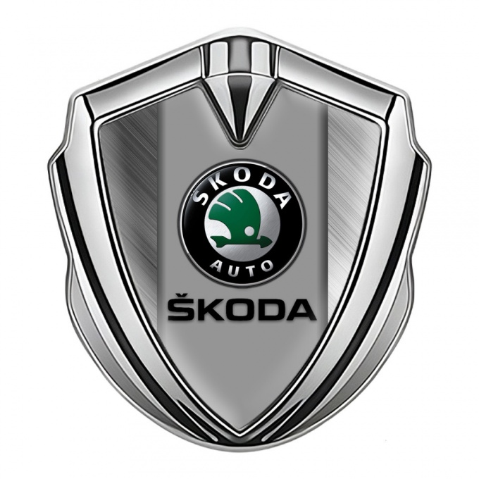 Skoda Fender Emblem Badge Silver Brushed Aluminum Black Classic Logo