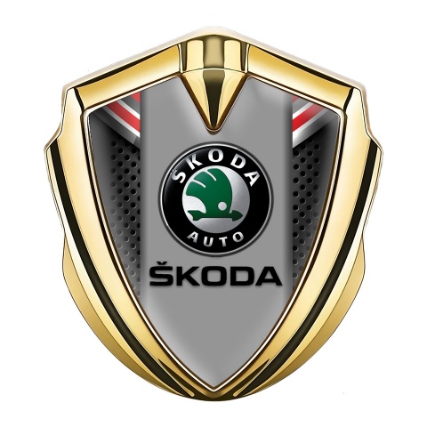 Skoda Fender Emblem Badge Gold Perforated Steel Black Classic Logo