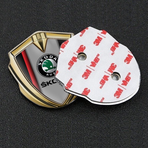 Skoda Emblem Metal Badge Gold Crimson Stripe Black Classic Logo