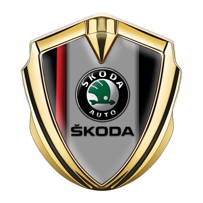 Skoda Emblem Metal Badge Gold Crimson Stripe Black Classic Logo