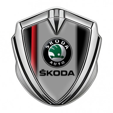 Skoda Emblem Metal Badge Silver Crimson Stripe Black Classic Logo