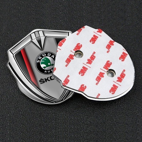 Skoda Emblem Metal Badge Silver Crimson Stripe Black Classic Logo