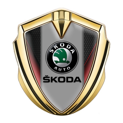 Skoda Emblem Car Badge Gold Crimson Sides Black Logo Design