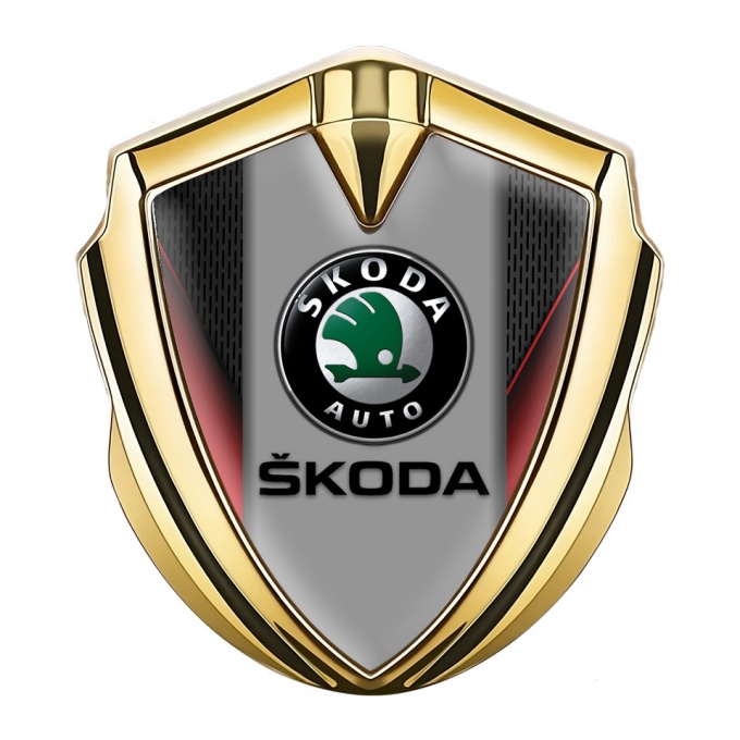 Skoda Emblem Car Badge Gold Crimson Sides Black Logo Design