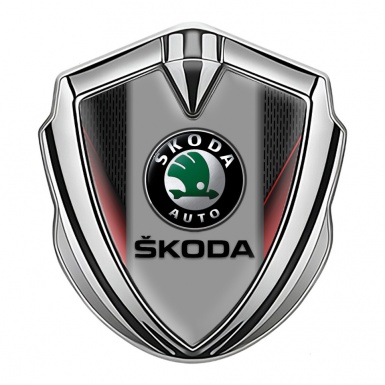 Skoda Emblem Car Badge Silver Crimson Sides Black Logo Design