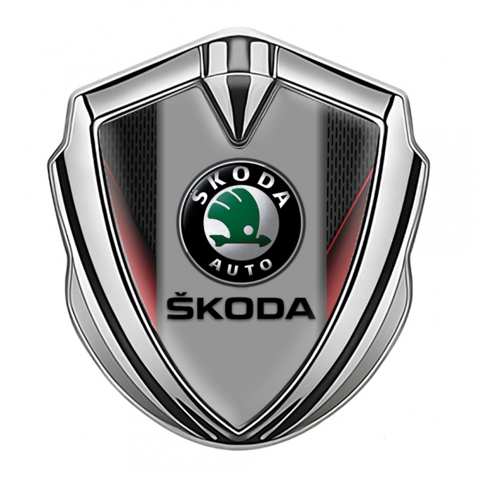 Skoda Emblem Car Badge Silver Crimson Sides Black Logo Design