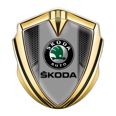 Skoda Badge Self Adhesive Gold Grey Honeycomb Black Logo