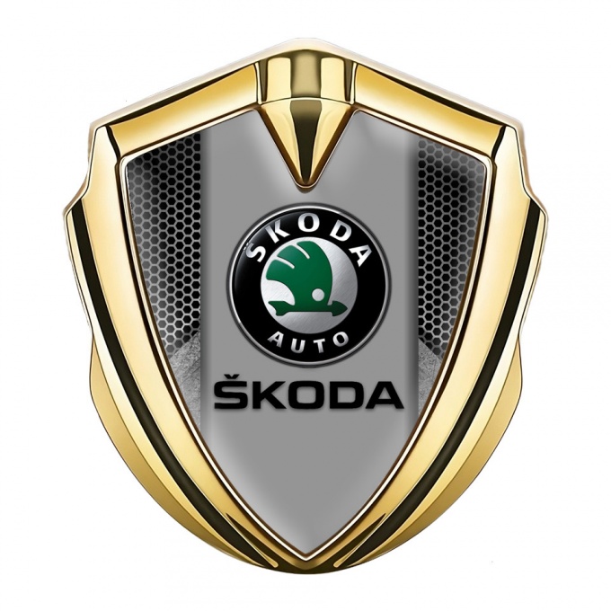 Skoda Badge Self Adhesive Gold Grey Honeycomb Black Logo