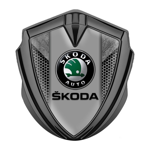 Skoda Emblem Badge Self Adhesive Graphite Stone Pattern Black Logo