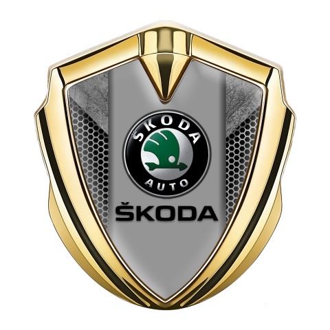 Skoda Emblem Badge Self Adhesive Gold Stone Pattern Black Logo