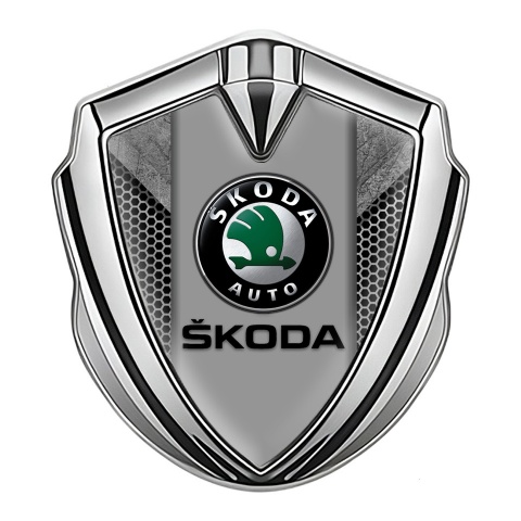 Skoda Emblem Badge Self Adhesive Silver Stone Pattern Black Logo