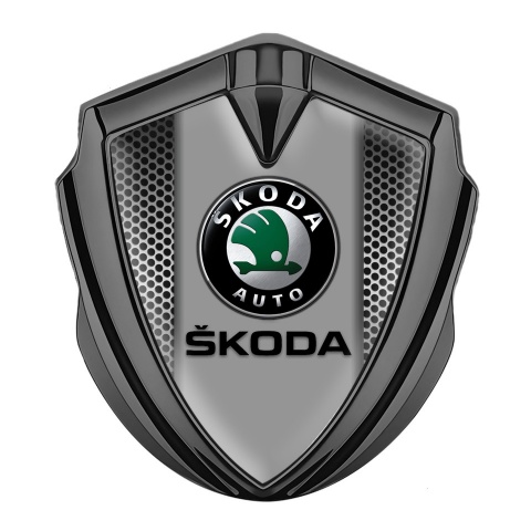 Skoda Emblem Fender Badge Graphite Perforated Metal Black Logo Edition