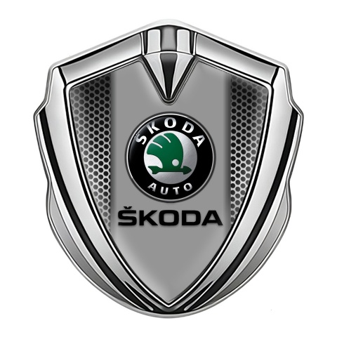 Skoda Emblem Fender Badge Silver Perforated Metal Black Logo Edition