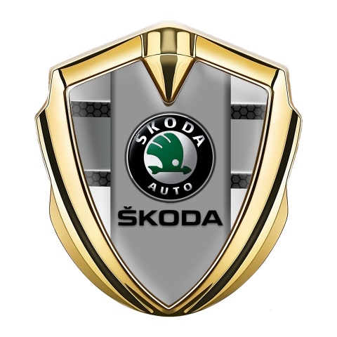 Skoda Emblem Self Adhesive Gold Dark Hex Lines Black Logo Variant