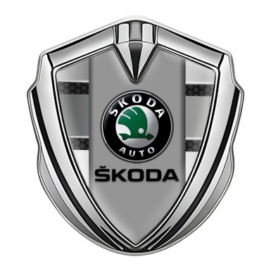 Skoda Emblem Self Adhesive Silver Dark Hex Lines Black Logo Variant