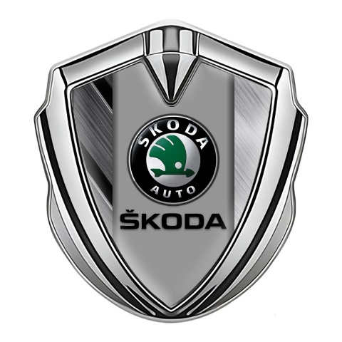 Skoda Metal Emblem Badge Silver Brushed Details Black Logo Edition