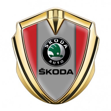 Skoda Emblem Metal Badge Gold Crimson Base Dark Logo Design