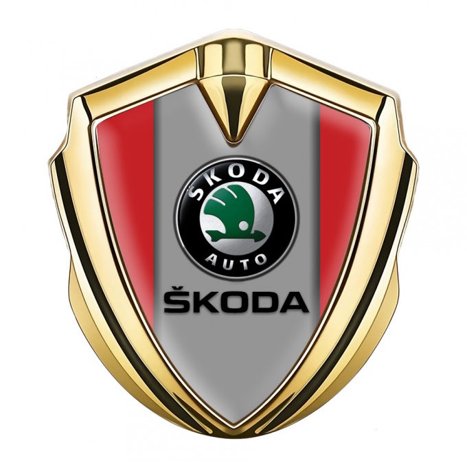 Skoda Emblem Metal Badge Gold Crimson Base Dark Logo Design