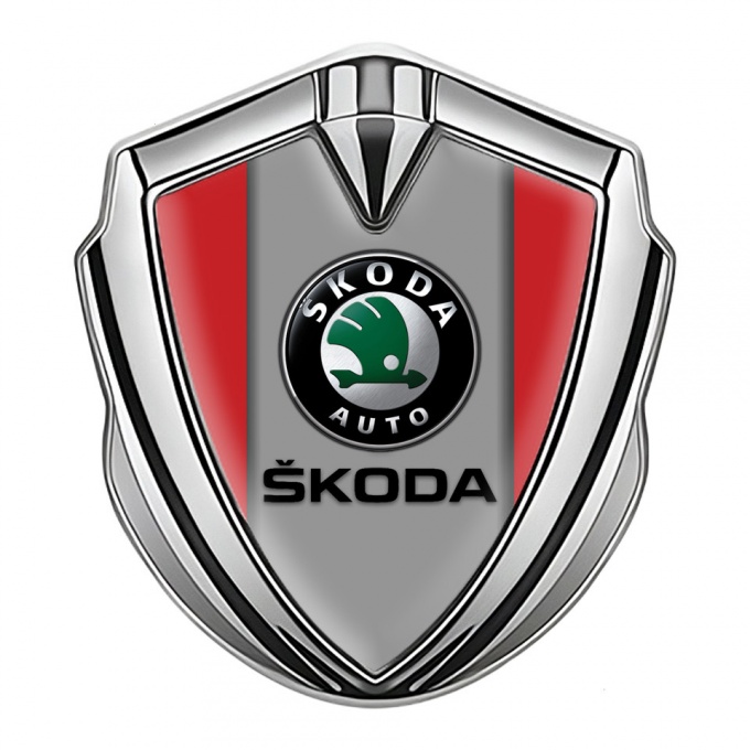 Skoda Emblem Metal Badge Silver Crimson Base Dark Logo Design