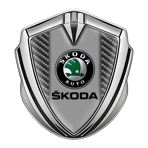Skoda Emblem Badge Self Adhesive Silver Carbon Fiber Dark Logo Edition