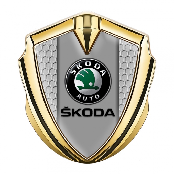 Skoda Metal Emblem Self Adhesive Gold Honeycomb Pattern Dark Logo