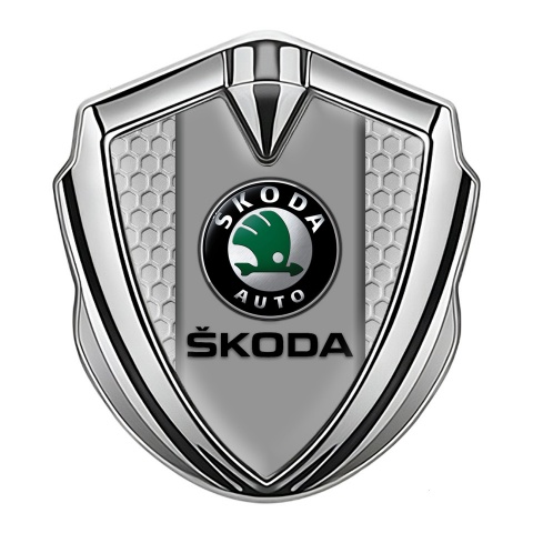 Skoda Metal Emblem Self Adhesive Silver Honeycomb Pattern Dark Logo