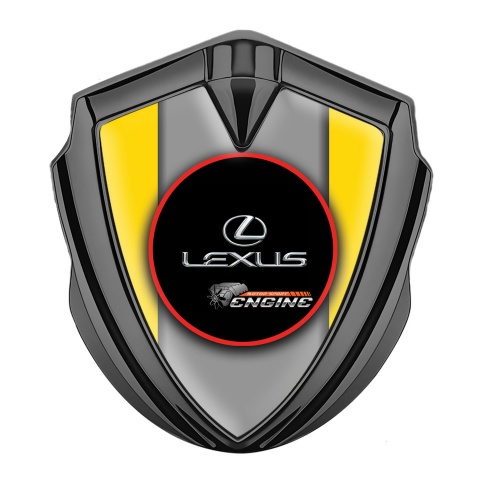 Lexus Fender Emblem Badge Graphite Yellow Base Red Ring Chrome Logo