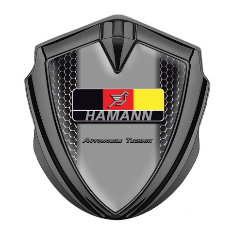 Hamann Emblem Logo Schriftzug Aufkleber Graphit Tonfarbe Perforierter Stahl Basis mit Deutsch Motiv 