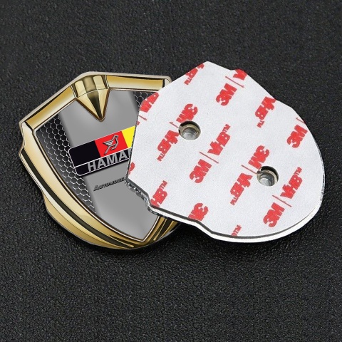 Hamann Emblem Logo Schriftzug Aufkleber Goldtonfarbe Perforierter Stahl Basis mit Deutsch Motiv