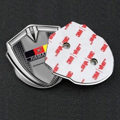 Hamann Emblem Logo Schriftzug Aufkleber Silbertonfarbe Perforierter Stahl Basis mit Deutsch Motiv