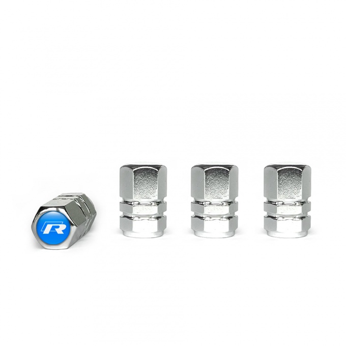 VW R Line Tyre Valve Caps Chrome 4 pcs Blue Silicone Sticker White Logo